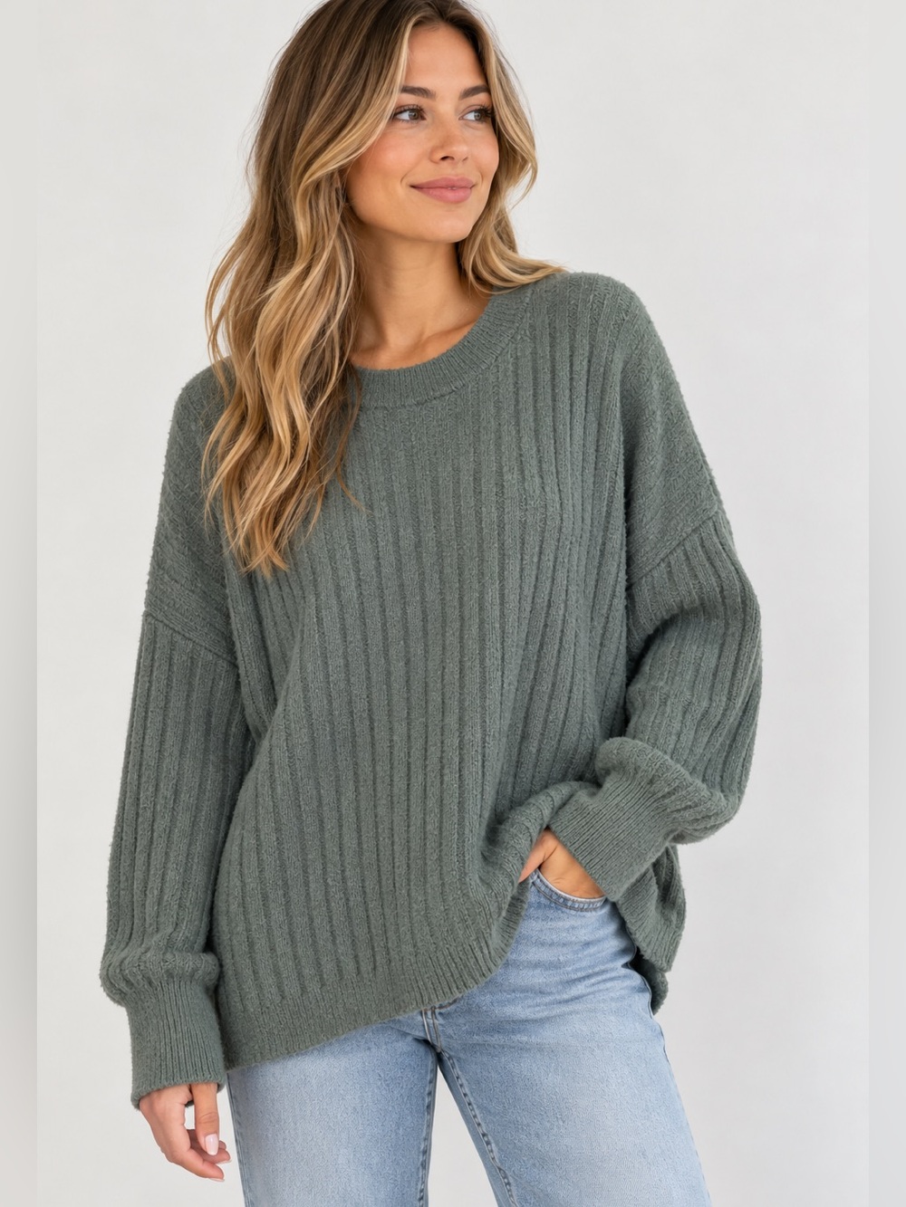 Aerie Oversized Ribbed Crewneck Sweater – Size L Sage Green